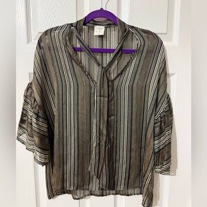By Together Black, Cream and Brown Striped Dress Blouse with Flowy Sleeves
